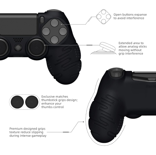 PlayVital Line Silicone Cover Skin for ps4 Controller, Anti-Slip Soft Protector Case Cover with Thumb Grip Caps,Black