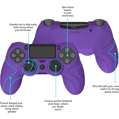 PlayVital Guardian Edition Ergonomic Soft Anti-Slip Controller Case Cover for ps4, Rubber Protector Skin with Caps for ps4 Slim/Pro Controller,Purple