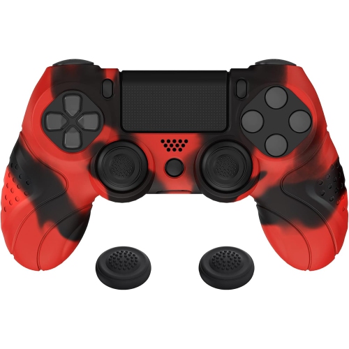 PlayVital Guardian Edition Ergonomic Soft Anti-Slip Controller Case Cover for ps4, Rubber Protector Skin with Caps for ps4 Slim/Pro Controller,Red &