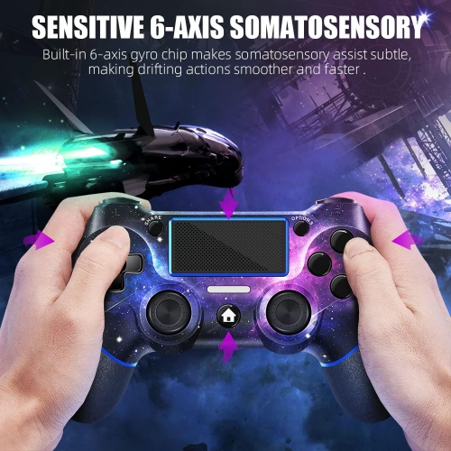 PS4 Wireless Controller, Galaxy Custom Design with Non-Slip Grips of Both Sides, Turbo Function and 3.5mm Audio Jack, Bonus 2 Thumb Grips