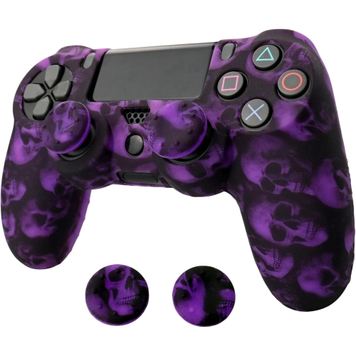 Habillage pour manette PS4, étui en silicone antidérapant avec 2 capuchons antidérapants pour manette PS4/Slim/Pro DualShock 4 sans fil, crâne violet