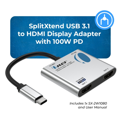 OREI SplitXtend USB 3.1 to HDMI Display Adapter with 100W PD