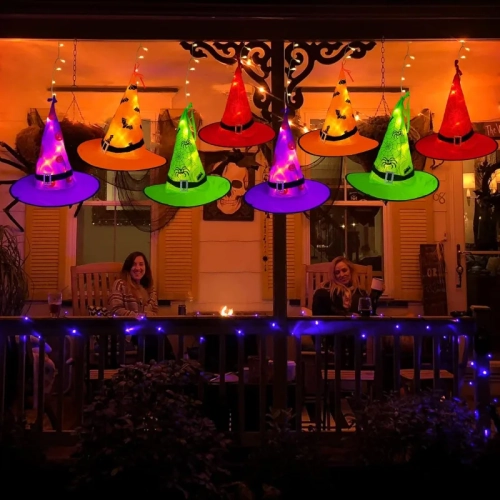Halloween Lighted Witch Hats - 8pcs Hanging Glowing Witch Hats, 44ft Outdoor String Lights with 8 Lighting Modes for Garden, Yard, and Tree Decor