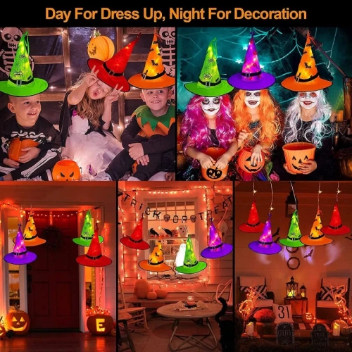 Halloween Lighted Witch Hats - 8pcs Hanging Glowing Witch Hats, 44ft Outdoor String Lights with 8 Lighting Modes for Garden, Yard, and Tree Decor