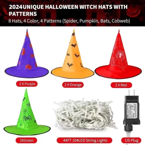 Halloween Lighted Witch Hats - 8pcs Hanging Glowing Witch Hats, 44ft Outdoor String Lights with 8 Lighting Modes for Garden, Yard, and Tree Decor