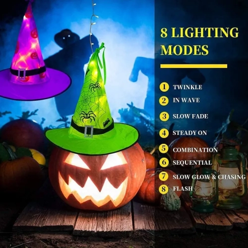 Halloween Lighted Witch Hats - 8pcs Hanging Glowing Witch Hats, 44ft Outdoor String Lights with 8 Lighting Modes for Garden, Yard, and Tree Decor
