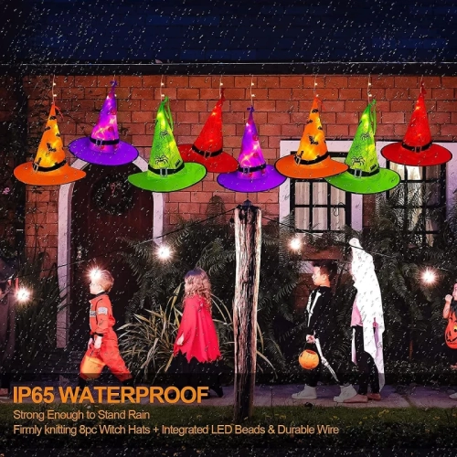 Halloween Lighted Witch Hats - 8pcs Hanging Glowing Witch Hats, 44ft Outdoor String Lights with 8 Lighting Modes for Garden, Yard, and Tree Decor