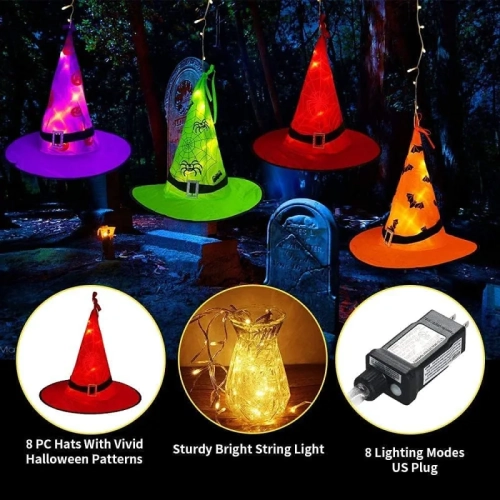 Halloween Lighted Witch Hats - 8pcs Hanging Glowing Witch Hats, 44ft Outdoor String Lights with 8 Lighting Modes for Garden, Yard, and Tree Decor