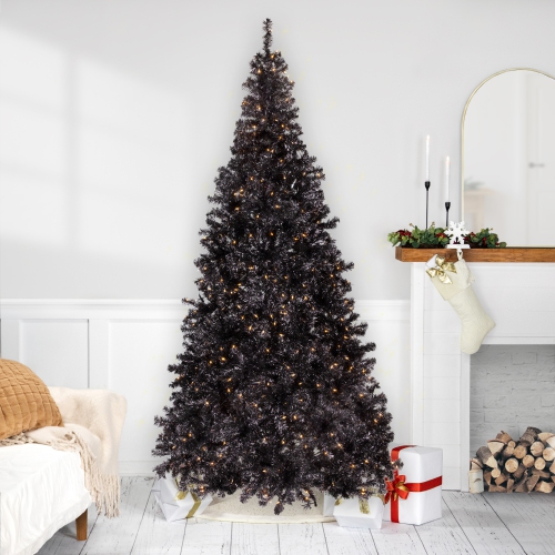 Pre-Lit Artificial Tinsel Halloween Tree - 9' - Black - Clear Lights