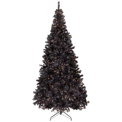 Pre-Lit Artificial Tinsel Halloween Tree - 9' - Black - Clear Lights