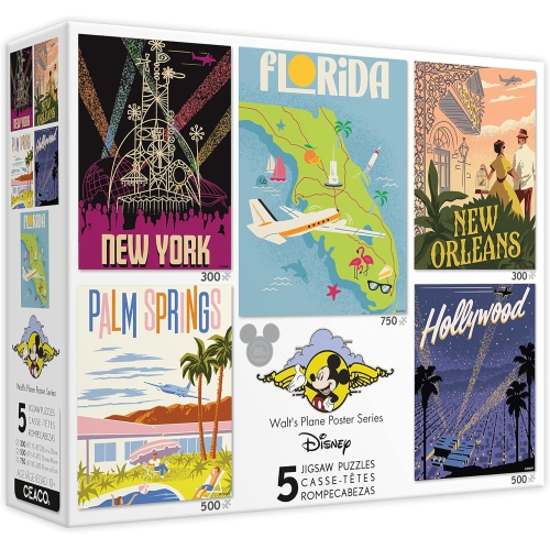Ceaco - 5-in-1 Limited Edition Jigsaw Puzzle Multipack – Walt’s Plane Posters – Contains 5 Disney D23 Expo Puzzles - 300 Piece, (2) 500 Piece, (1)