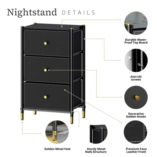 Nightstand With Drawers | 3-Tier Bed Side Table | End Table Storage with Baskets