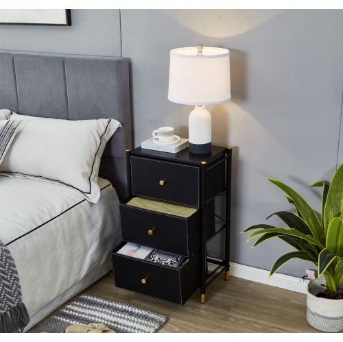 Nightstand With Drawers | 3-Tier Bed Side Table | End Table Storage with Baskets