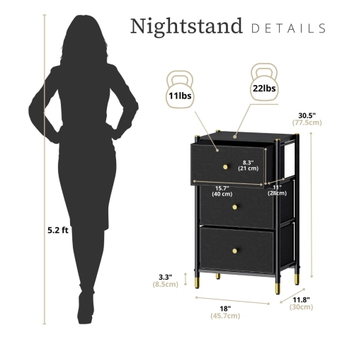 Nightstand With Drawers | 3-Tier Bed Side Table | End Table Storage with Baskets