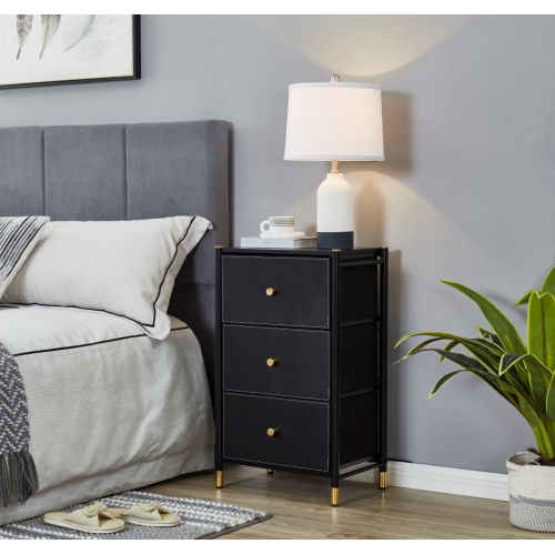 Nightstand With Drawers | 3-Tier Bed Side Table | End Table Storage with Baskets