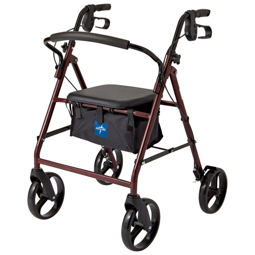 Medline Basic Steel Frame Foldable Rollator Walker with Storage Bag - Burgundy