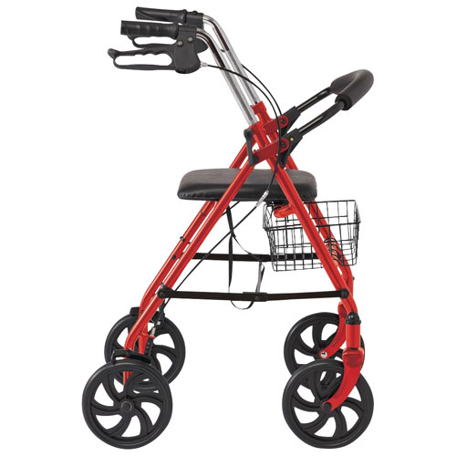 Medline Basic Foldable Powder-Coated Steel Rollator Walker with Basket - Red/Black