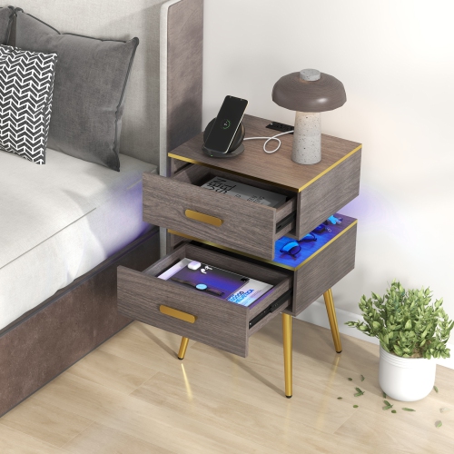 Costway 1 PCS Nightstand with Charging Station Bedside Sofa Side Tables with 2 Drawers Grey