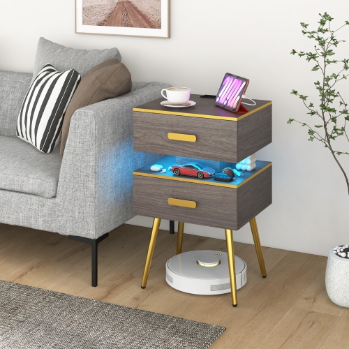 Costway 1 PCS Nightstand with Charging Station Bedside Sofa Side Tables with 2 Drawers Grey