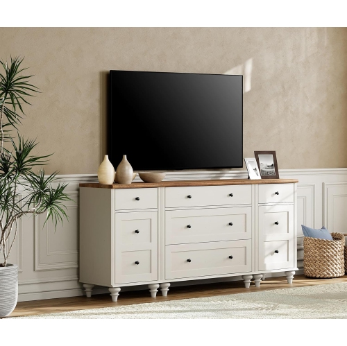 WAMPAT Modern TV Stand for 75 Inches TV,Wood Dresser with 5 Drawers and 2 Doors,Nightstands with Charging Station for Bedroom,White