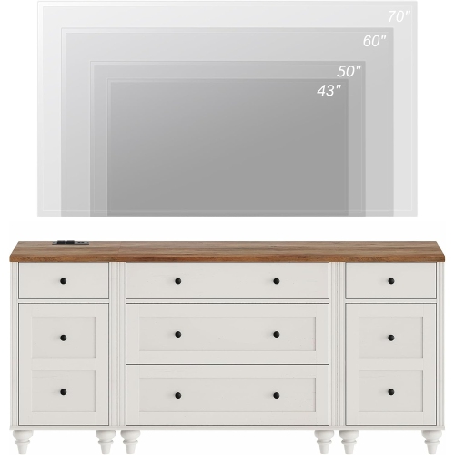 WAMPAT Modern TV Stand for 75 Inches TV,Wood Dresser with 5 Drawers and 2 Doors,Nightstands with Charging Station for Bedroom,White