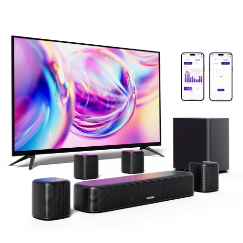 Image 1 de 9.. ULTIMEA 7.1ch Virtual Surround Sound Bar, Sound Bar for Smart TV with 4 Surround Speakers, Peak Power 330W, Surround Sound System for TV, App