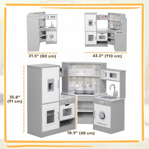 Qaba Corner Play Kitchen, Kids Kitchen Playset, Pretend Play Kitchen Set with Lights & Sounds, Stove Ice Maker Microwave Oven, Clock, Gift for Boys