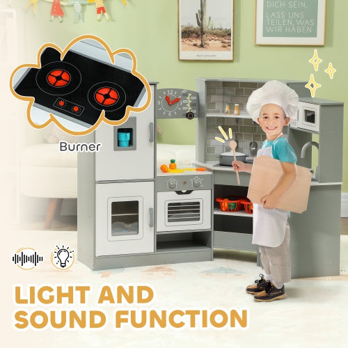 Qaba Corner Play Kitchen, Kids Kitchen Playset, Pretend Play Kitchen Set with Lights & Sounds, Stove Ice Maker Microwave Oven, Clock, Gift for Boys