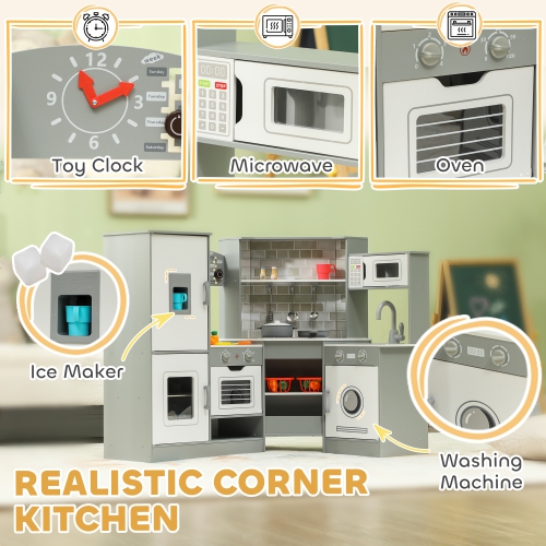 Qaba Corner Play Kitchen, Kids Kitchen Playset, Pretend Play Kitchen Set with Lights & Sounds, Stove Ice Maker Microwave Oven, Clock, Gift for Boys