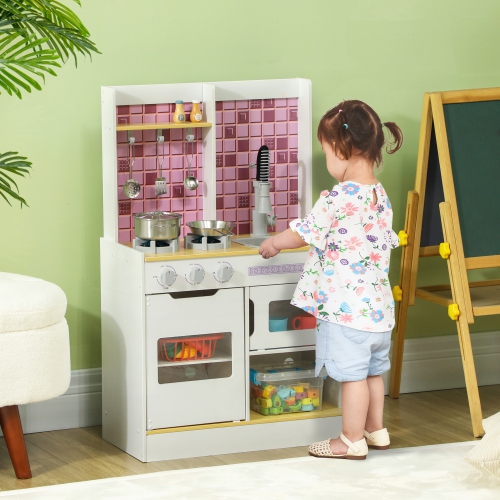 Qaba – Ensemble de cuisine pour enfants avec sons et lumières réalistes, évier, four, cuisinière, cuisine jouet pour tout-petits, cadeau pour filles,