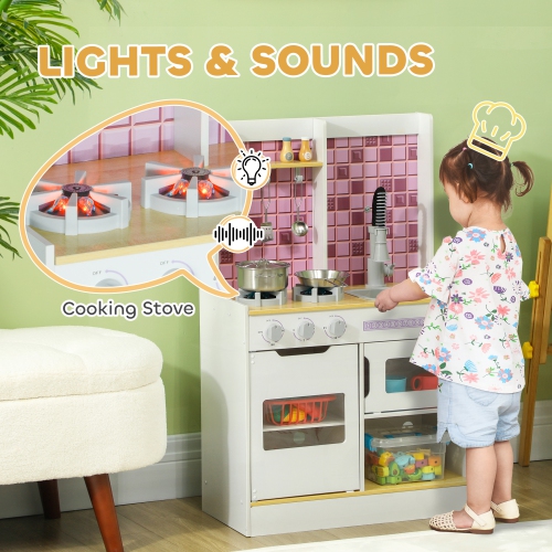 Qaba – Ensemble de cuisine pour enfants avec sons et lumières réalistes, évier, four, cuisinière, cuisine jouet pour tout-petits, cadeau pour filles,