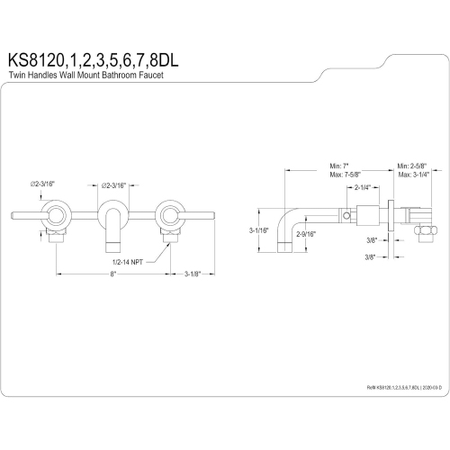 Kingston Brass KS8128DL Concord Wall Mount Twin Lever Handle Sink Faucet, Satin Nickel