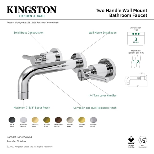 Kingston Brass KS8128DL Concord Wall Mount Twin Lever Handle Sink Faucet, Satin Nickel