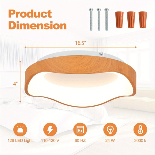 YOULIGHTS LED Mount Ceiling Light 24W 3000K Lamp Wood Grain Living Room Natural Color