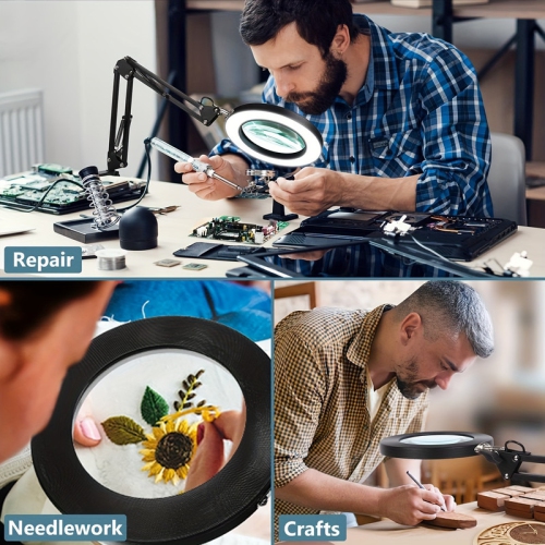 YOULIGHTS Modern Adjustable Swivel Arm 10x Magnifier Desk Lamp with Light and Clip, 3 Color Modes Stepless Dimming Real Glass LED Lighting Magnifier,