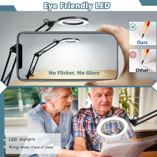 YOULIGHTS Modern Adjustable Swivel Arm 10x Magnifier Desk Lamp with Light and Clip, 3 Color Modes Stepless Dimming Real Glass LED Lighting Magnifier,