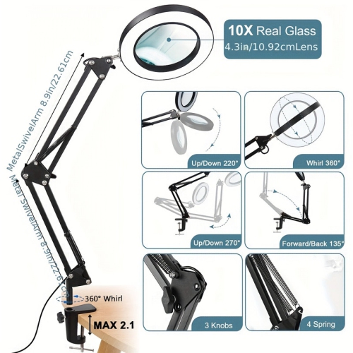 YOULIGHTS Modern Adjustable Swivel Arm 10x Magnifier Desk Lamp with Light and Clip, 3 Color Modes Stepless Dimming Real Glass LED Lighting Magnifier,