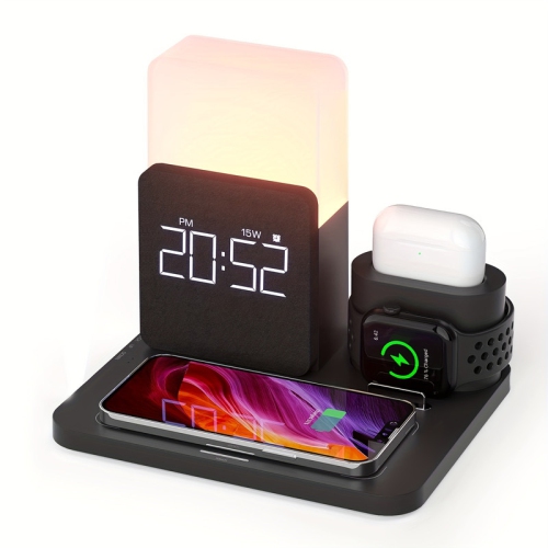 YOULIGHTS Wireless Charging Station with LED Light, 3 in 1 Charging Station Alarm Clock with Wireless Charger - Black