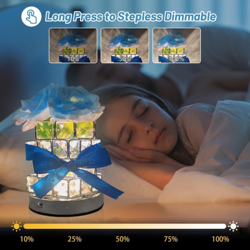 Blue-Rose Flower Lamp, Rechargeable LED Artificial Rose Table Lamp with Cube Crystal Vase, Dimmable 3 Color Temperature Touch Lamp, Creative Wireless