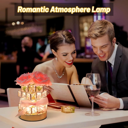 Blue-Rose Flower Lamp, Rechargeable LED Artificial Rose Table Lamp with Cube Crystal Vase, Dimmable 3 Color Temperature Touch Lamp, Creative Wireless