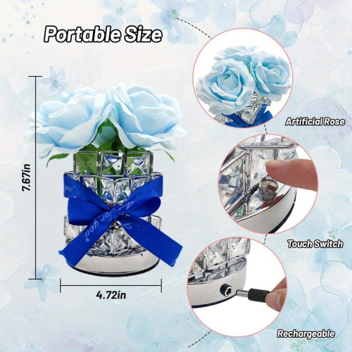 Red - Rose Flower Lamp, Rechargeable LED Artificial Rose Table Lamp with Cube Crystal Vase, Dimmable 3 Color Temperature Touch Lamp, Creative