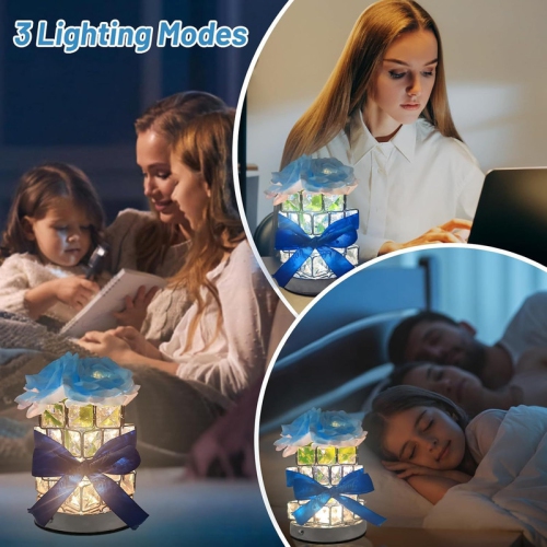 Red - Rose Flower Lamp, Rechargeable LED Artificial Rose Table Lamp with Cube Crystal Vase, Dimmable 3 Color Temperature Touch Lamp, Creative