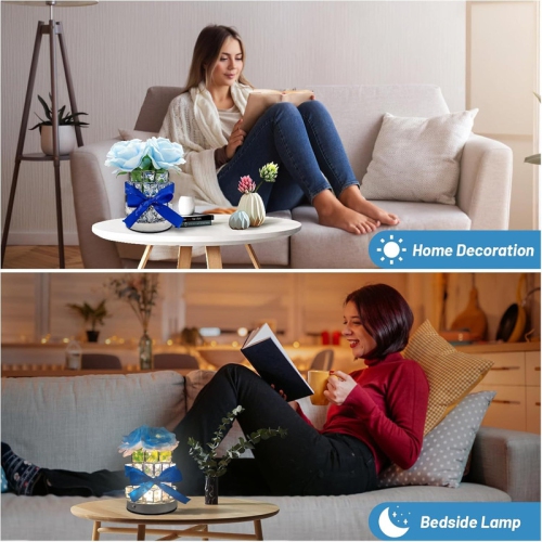 Red - Rose Flower Lamp, Rechargeable LED Artificial Rose Table Lamp with Cube Crystal Vase, Dimmable 3 Color Temperature Touch Lamp, Creative