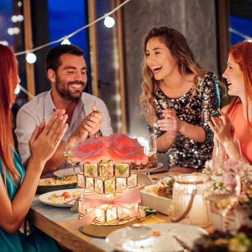 Red - Rose Flower Lamp, Rechargeable LED Artificial Rose Table Lamp with Cube Crystal Vase, Dimmable 3 Color Temperature Touch Lamp, Creative