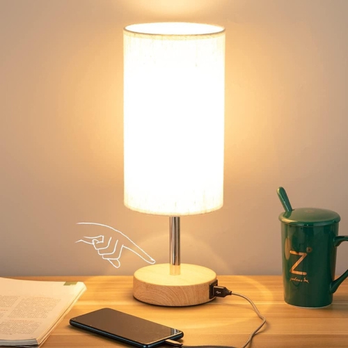 YOULIGHTS  Bedside Table Lamp \w USB Port - Touch Control for Bedroom Wood 3 Way Dimmable Nightstand Lamp \w Round Flaxen Fabric Shade for Living