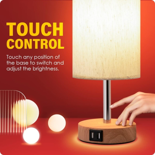 YOULIGHTS Bedside Table Lamp with USB Port - Touch Control for Bedroom Wood 3 Way Dimmable Nightstand Lamp with Round Flaxen Fabric Shade for Living