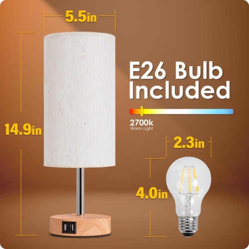 YOULIGHTS Bedside Table Lamp with USB Port - Touch Control for Bedroom Wood 3 Way Dimmable Nightstand Lamp with Round Flaxen Fabric Shade for Living