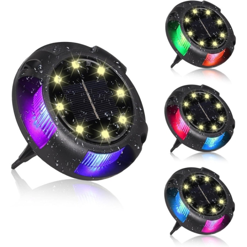 YOULIGHTS  4 Pack Outdoor Solar Lights, 8 Warm Leds + 4 Color Side Leds Solar Ground Lights, Automatic Switch, Solar Disc Lights With Light Sensor