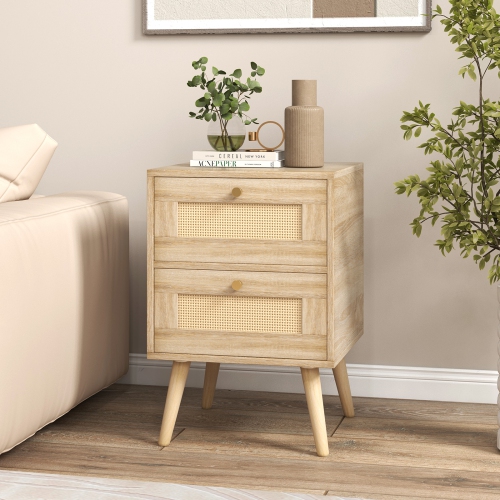 Costway 1 PCS Rattan Nightstand Boho Accent Bedside Table with 2 Storage Drawers Natural