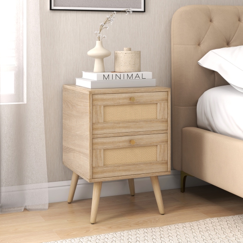 Costway 1 PCS Rattan Nightstand Boho Accent Bedside Table with 2 Storage Drawers Natural